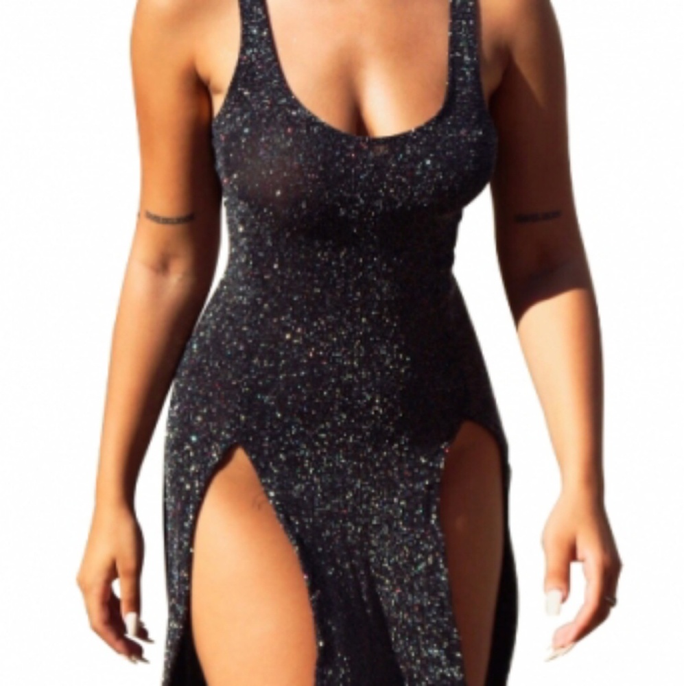 Sexy Black Shiny Club Dress with Side Splits